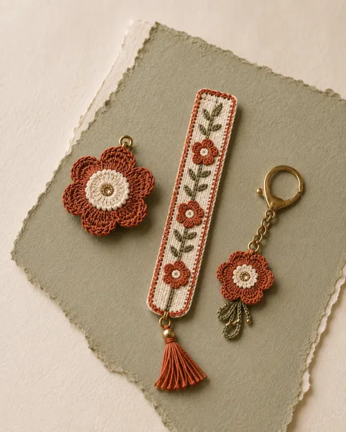 Handmade microcrochet bookmark, brooch, and keychain