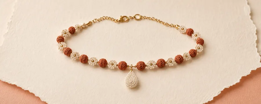 Handmade microcrochet beaded necklace with a teardrop pendant