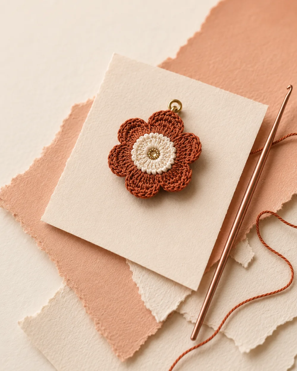 A handmade terracotta microcrochet flower with a copper hook on layered paper